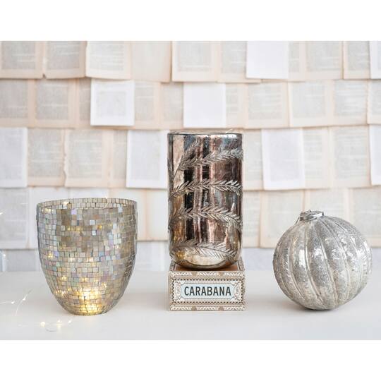 Hello Honey® 10.5" Antique Silver Etched Glass Hurricane Décor